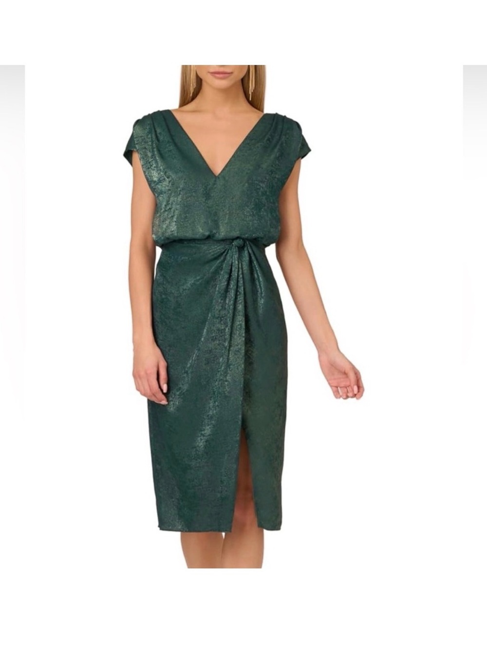 Adrianna Papell Green Metallic Midi Cocktail Dress Cap Sleeve SZ 6 NWT GALA MOB